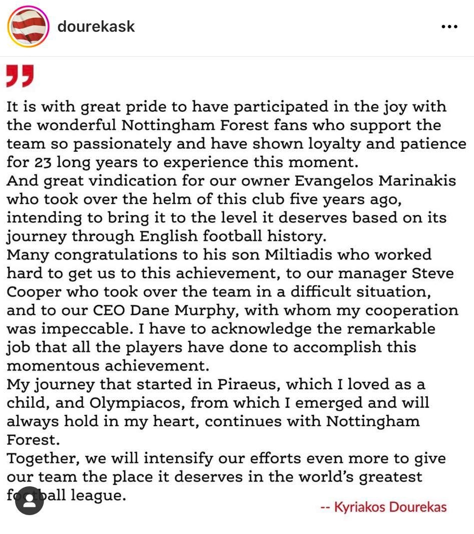 Δουρέκας: «Το ταξίδι που ξεκίνησε στον Ολυμπιακό συνεχίζεται στη Νότιγχαμ» (ΦΩΤΟ)